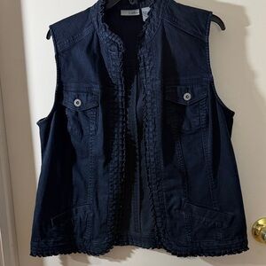 Chico’s Navy Ruffle-Trim Denim Vest size 2 = to a size 12